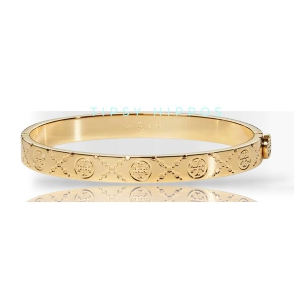Tory Burch T Monogram Gold Logo Hinged Bangle Bracelet - Picture 1 of 5